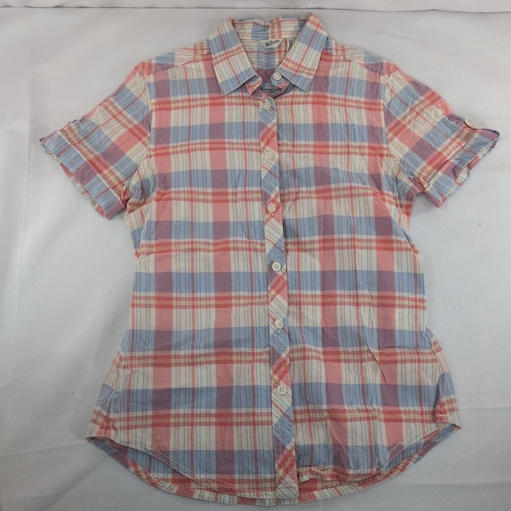 Woolrich Plaid Short Sleeve Blouse Button Up Shirt Collar Pink Blue Women's XS